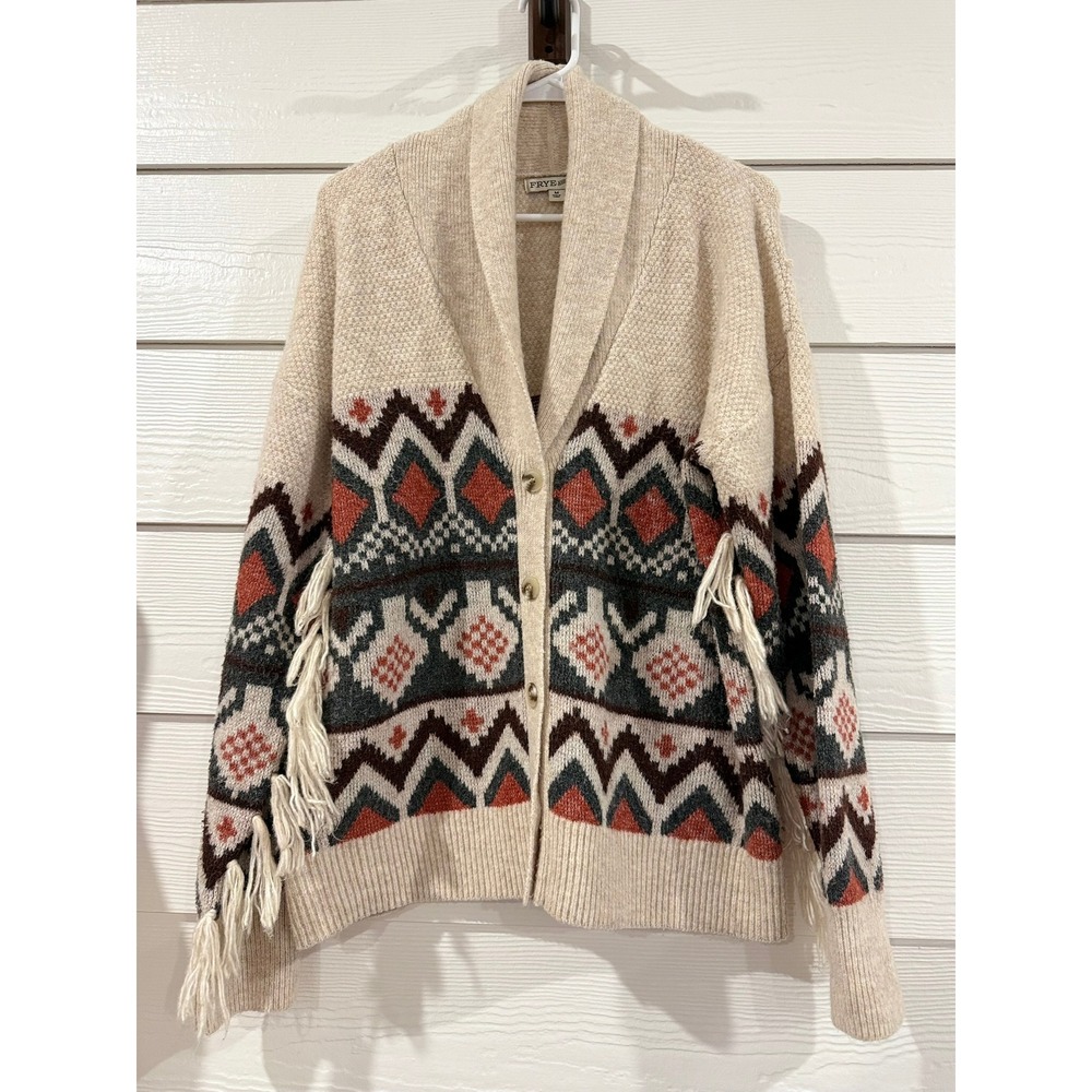 B- 7- Frye and Co Womens Southwestern Fringe Shawl Collar Cardigan Sweater